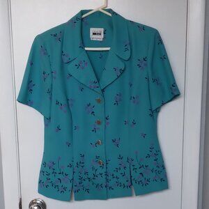 Leslie Fay Women's Short Sleeve Blouse Size 10 Blue with Purple Flowers